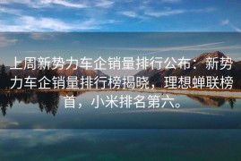 上周新势力车企销量排行公布：新势力车企销量排行榜揭晓，理想蝉联榜首，小米排名第六。