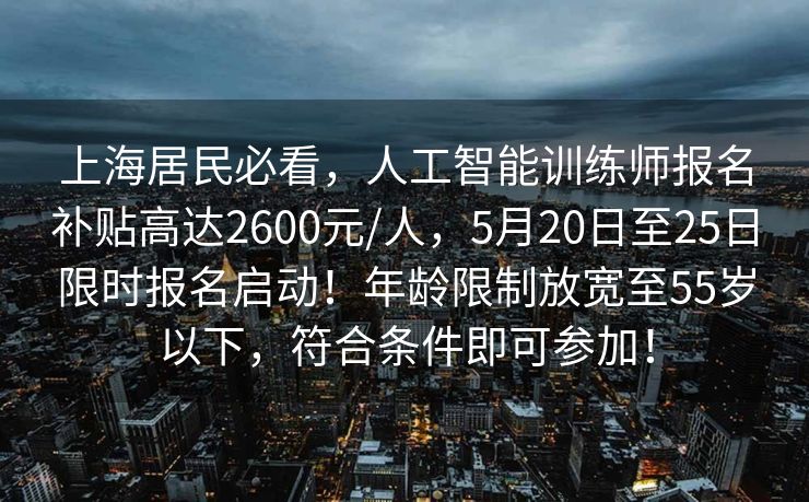 上海居民必看，人工智能训练师报名补贴高达2600元/人，5月20日至25日限时报名启动！年龄限制放宽至55岁以下，符合条件即可参加！